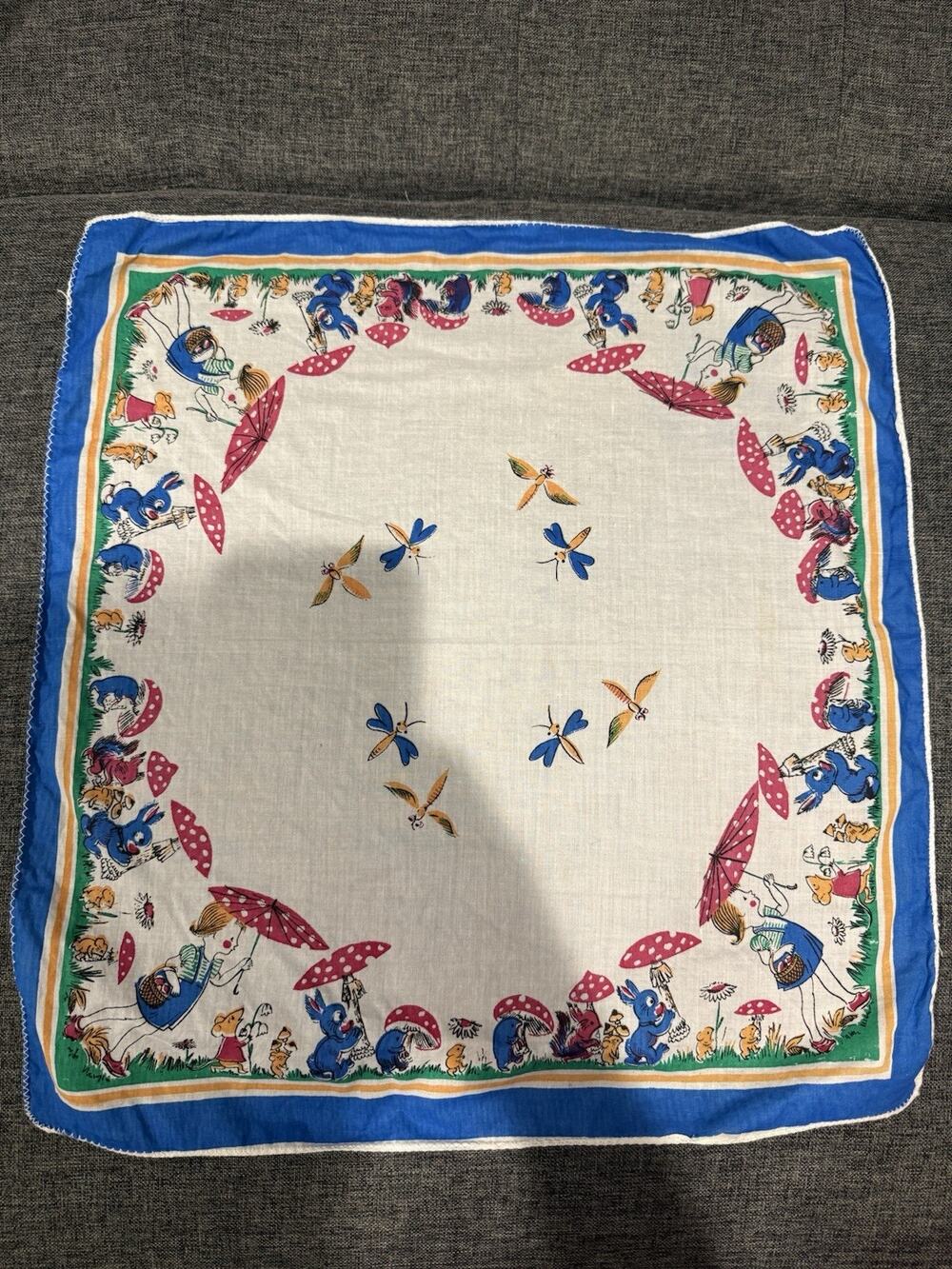 Vintage 1940s 1950s Children's Handkerchief Whimsical 16" X 16" Bunny Mushroom
